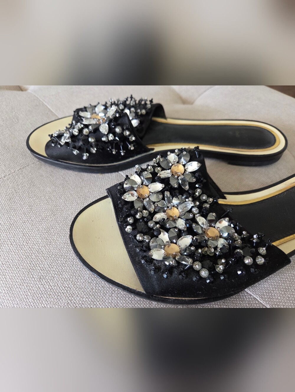 Lanvin Black Satin Jeweled Slide Sandals with Crystals 38